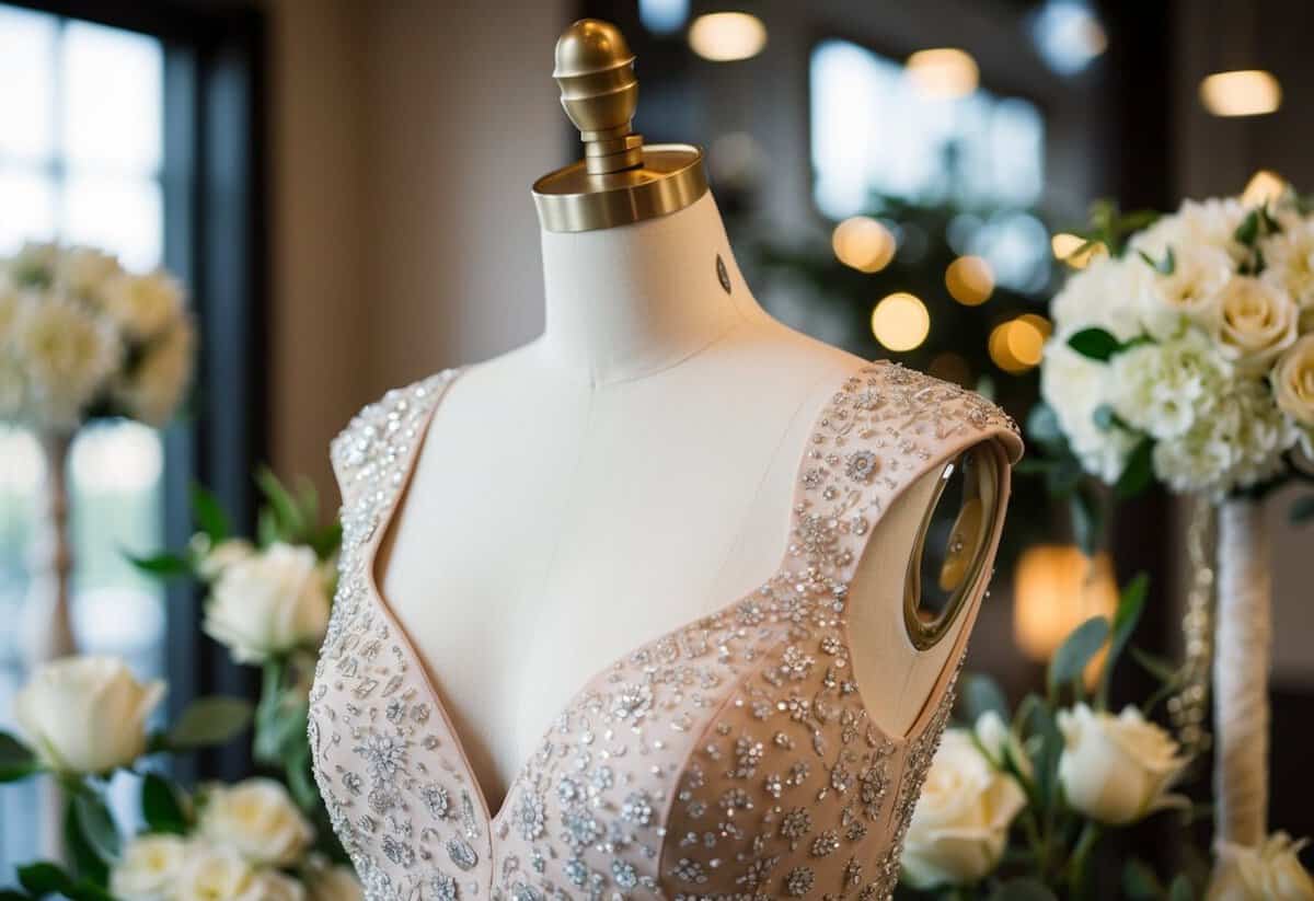 A mannequin wearing a cap sleeve embellished sheath dress, emphasizing the bust area, surrounded by wedding-themed decorations