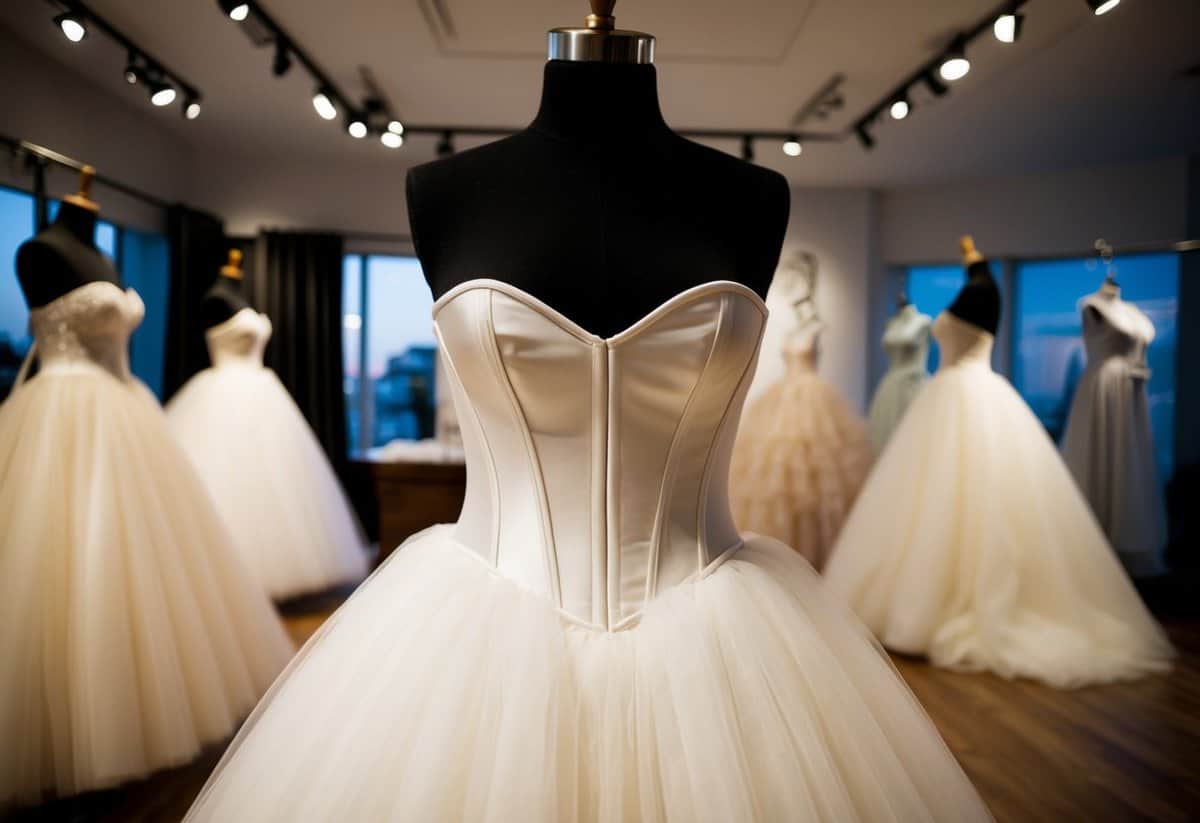 A tulle skirt corset gown on a mannequin, tailored for a big bust, displayed in a bridal boutique with elegant lighting