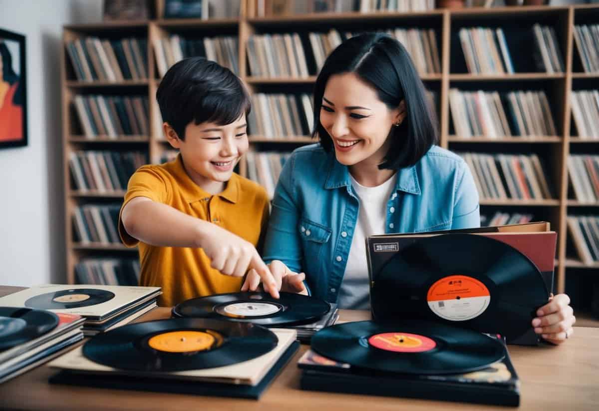 A mother and son browsing through a collection of vinyl records, smiling and pointing to a particular album