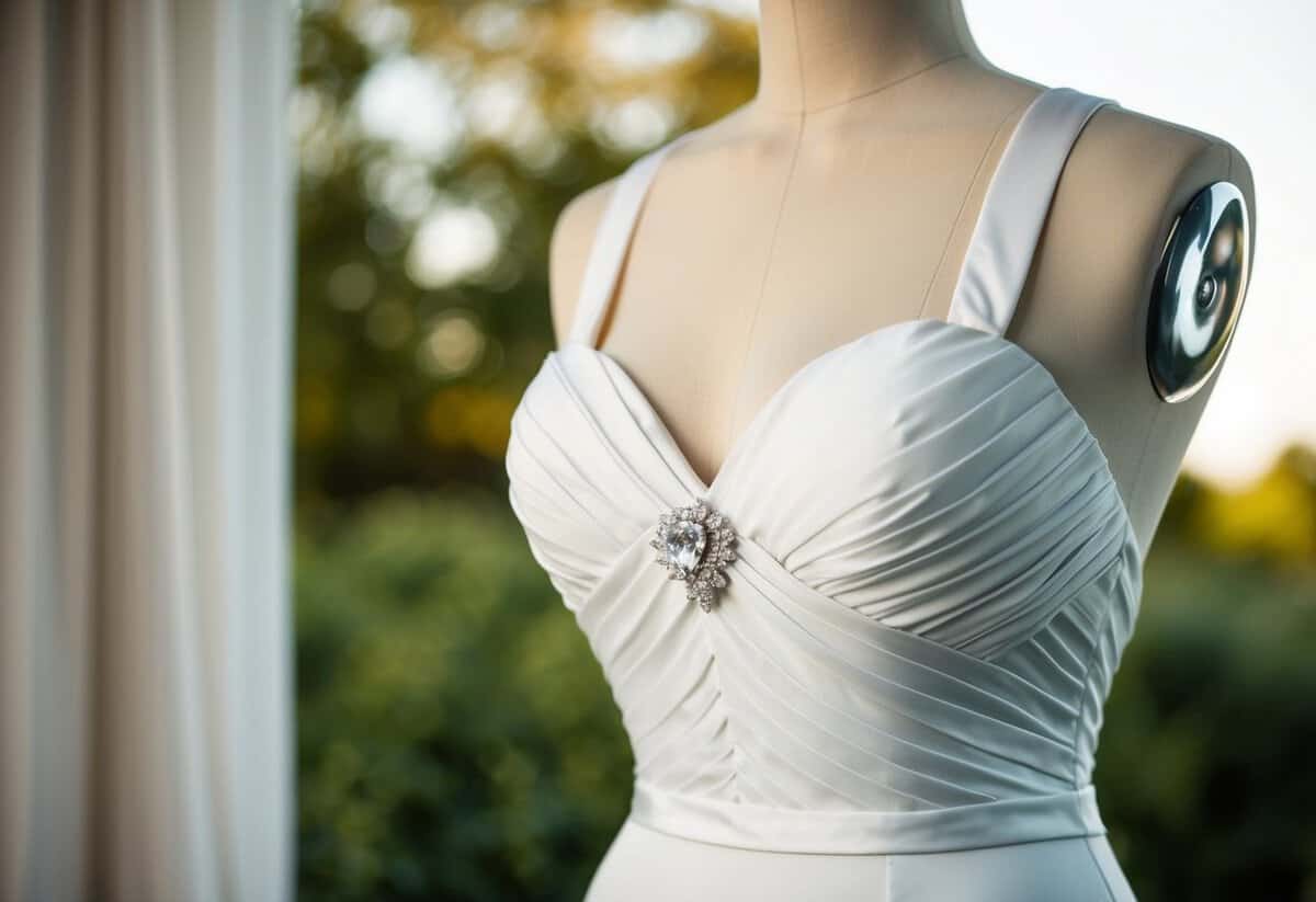 A mannequin wearing a wedding dress with a sweetheart neckline and supportive straps, designed to flatter a big bust