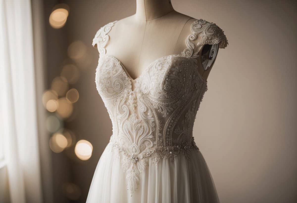 A wedding dress with a sweetheart neckline and intricate lace detailing, featuring a flowing chiffon skirt and delicate beading