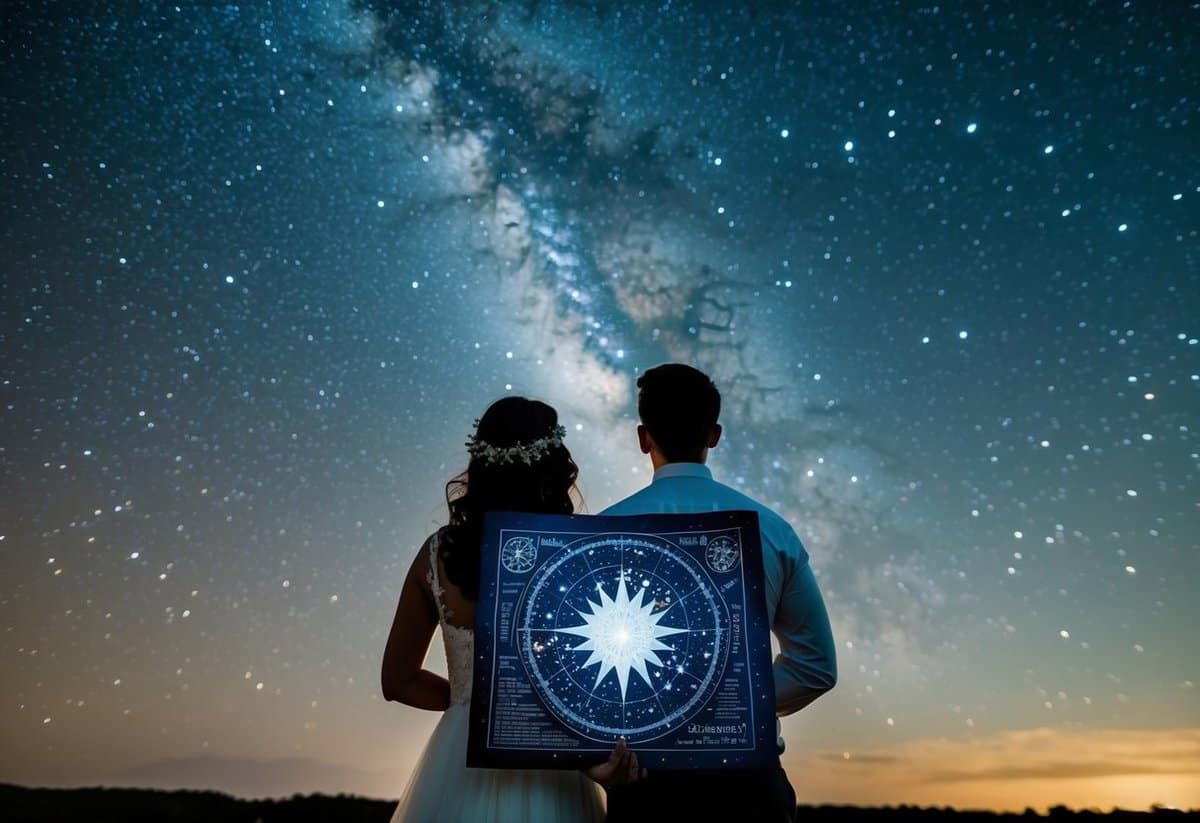 A couple stargazing under a sky full of stars, with a personalized star map in hand, celebrating their first wedding anniversary