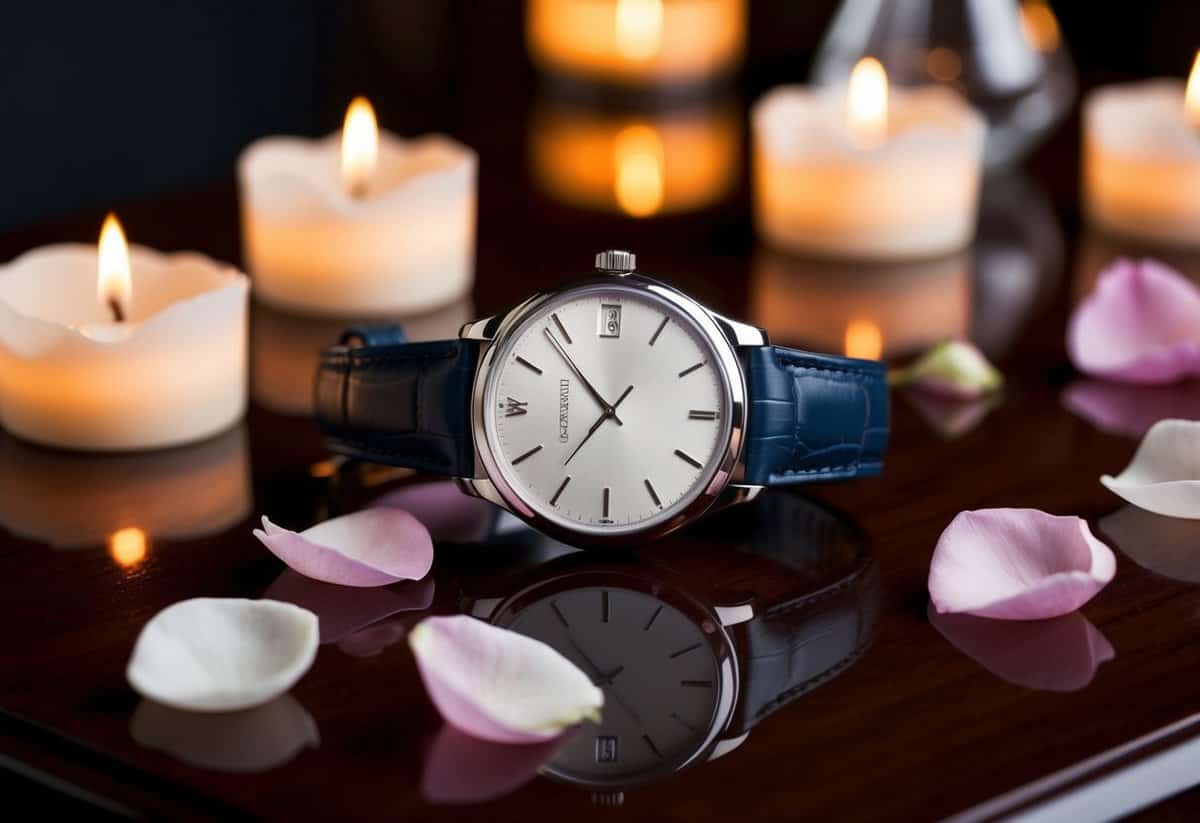 A sleek, custom-engraved watch sits on a polished wooden surface, surrounded by delicate rose petals and soft candlelight