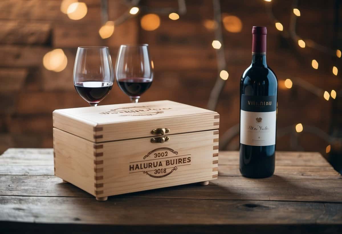 A wooden wine box with personalized engraving sits on a rustic table, surrounded by two wine glasses and a bottle of red wine