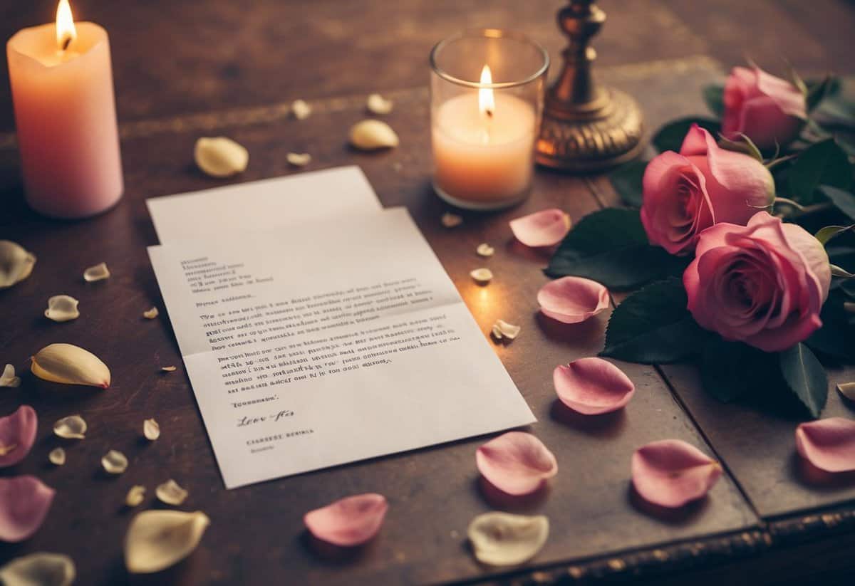 A love letter lies on a vintage desk, surrounded by scattered rose petals and a flickering candle