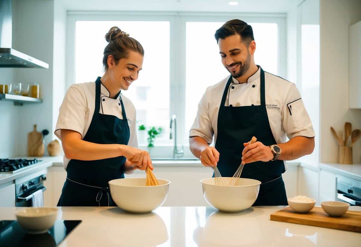 A couple standing side by side in a bright, modern kitchen, each holding a mixing bowl and stirring ingredients together. A chef instructor watches and smiles