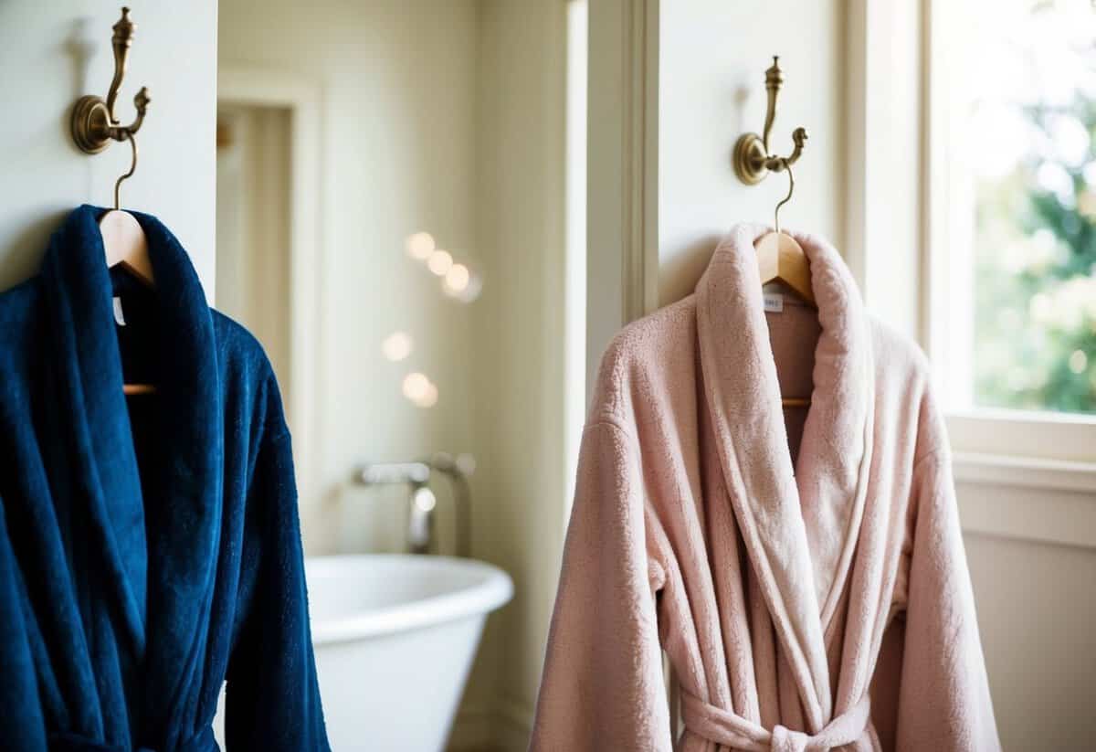 Two plush robes, one in a deep navy blue and the other in a soft blush pink, hang side by side on elegant hooks in a sunlit bathroom