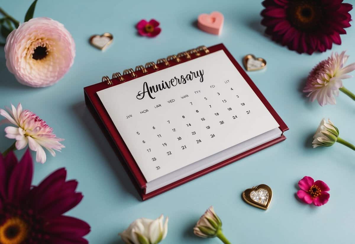 A personalized anniversary calendar surrounded by romantic symbols and flowers