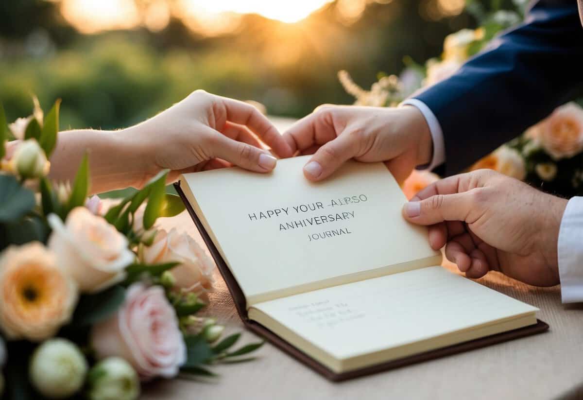 A couple's hands opening a personalized anniversary journal, surrounded by flowers and a romantic setting