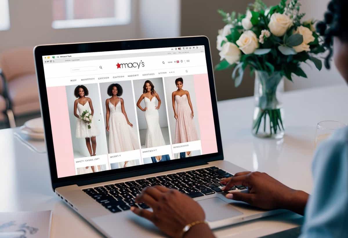 A computer screen showing Macy's website with wedding guest dresses