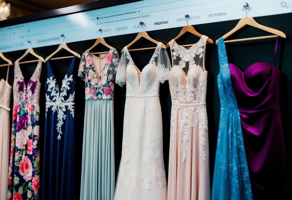 A colorful array of elegant dresses displayed on a website, with floral and lace patterns, showcasing options for wedding guests