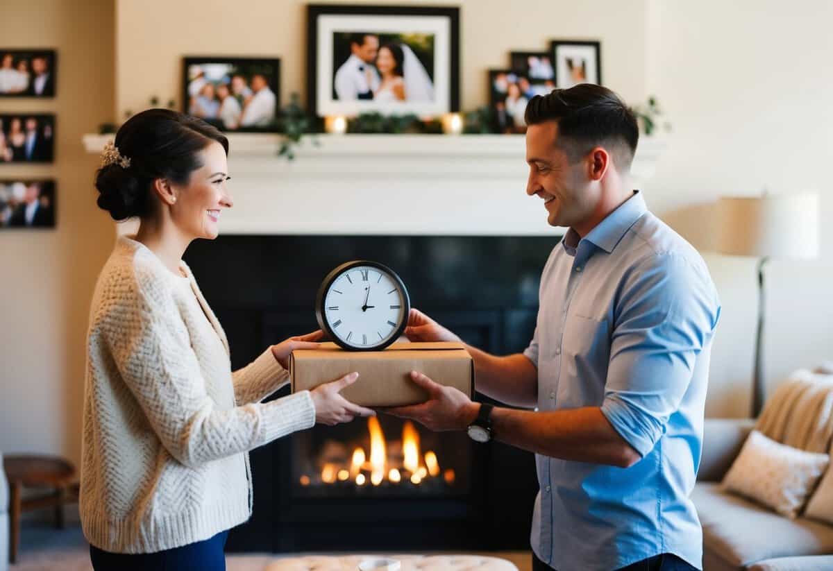 A couple exchanging a paper gift (traditional) and a clock (modern) in a cozy living room with a fireplace and wedding photos on the wall