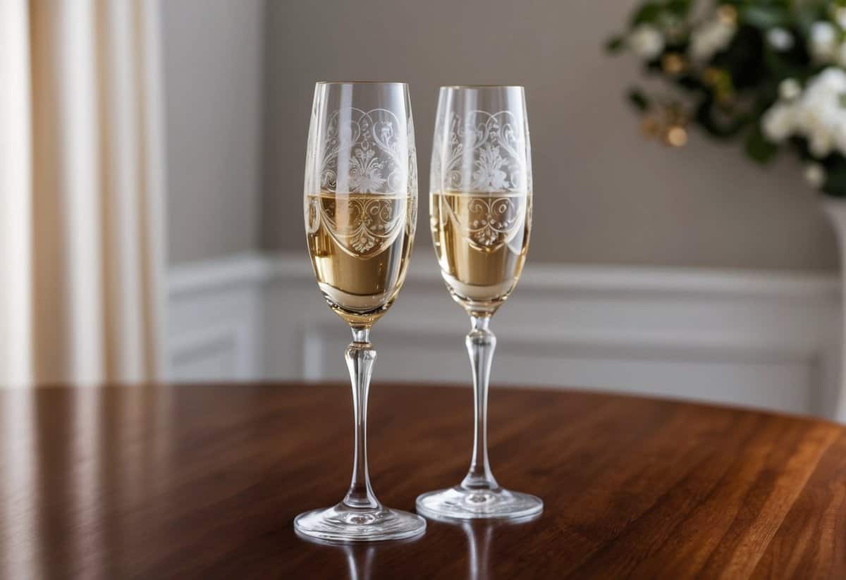 Two elegant champagne flutes, intricately engraved with delicate patterns and swirling designs, sit atop a polished wooden table, ready to be presented as a thoughtful and luxurious wedding anniversary gift