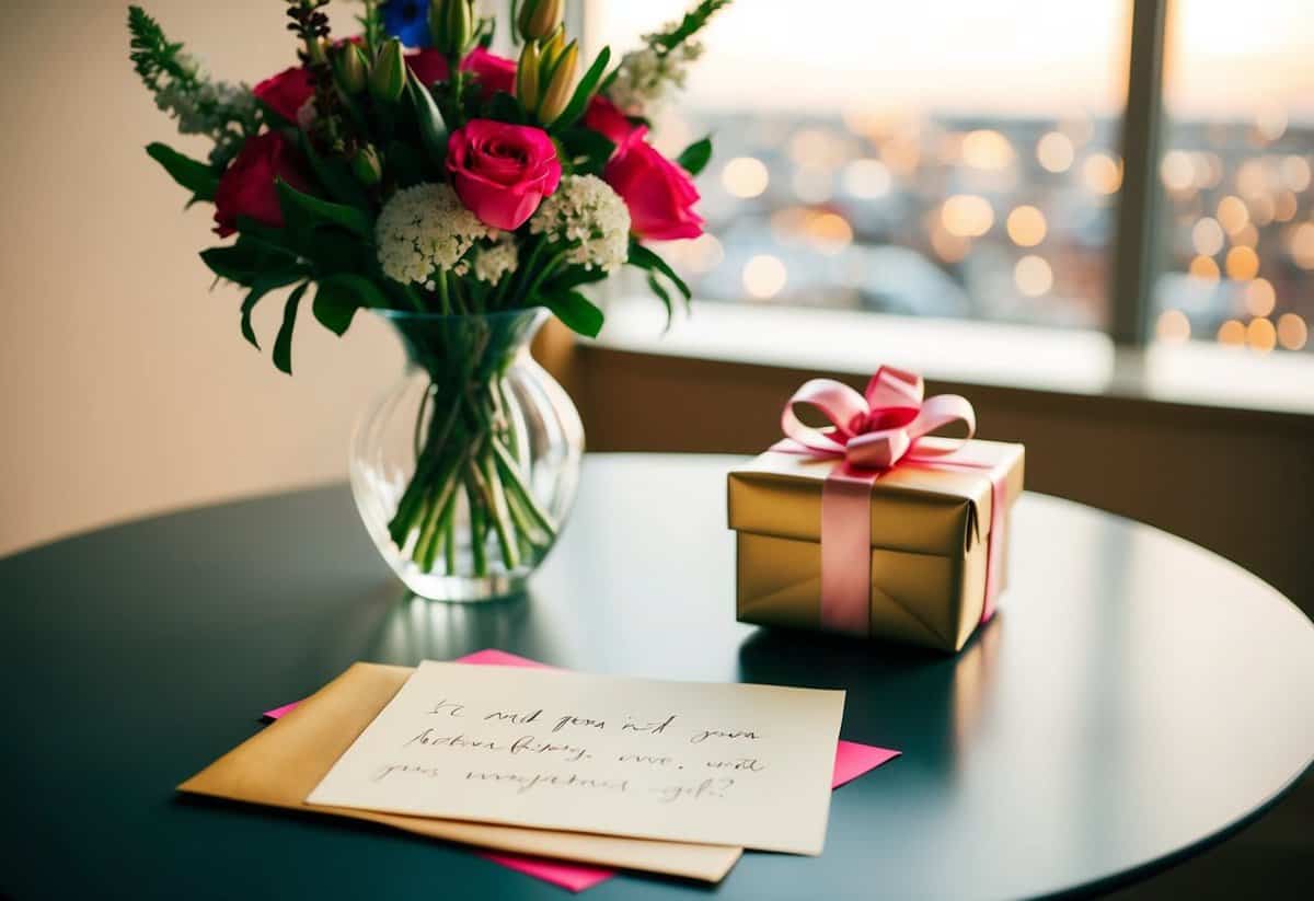 A table set with a vase of flowers, a handwritten note, and a carefully wrapped gift