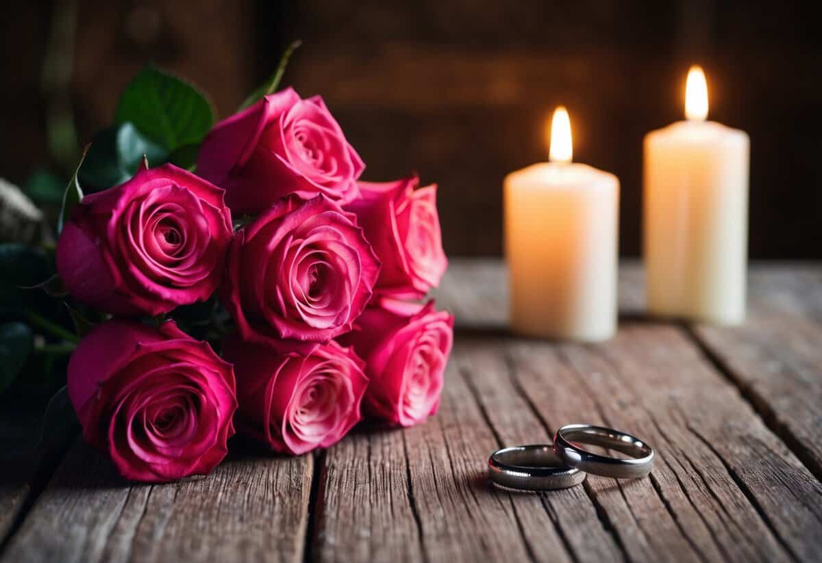 A bouquet of roses and a pair of intertwined wedding rings placed on a rustic wooden table, with soft candlelight illuminating the scene