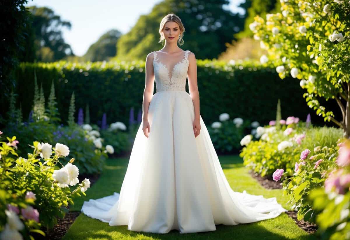 A bride stands in a sunlit garden wearing the BHLDN 'Joni Gown', surrounded by blooming flowers and lush greenery