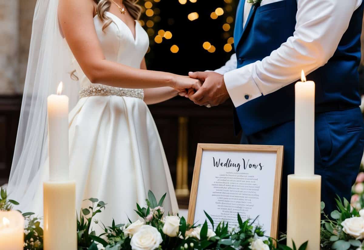 A bride and groom holding hands at the altar, surrounded by flowers and candles, with their personalized wedding vows printed on a framed piece of paper nearby