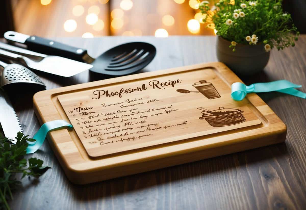 A wooden cutting board with a handwritten recipe engraved on it, surrounded by kitchen utensils and tied with a ribbon