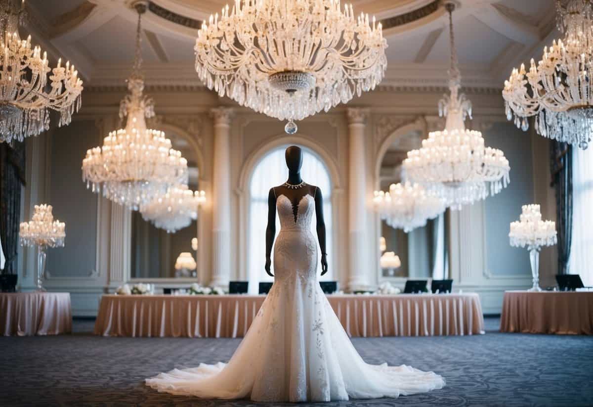 A grand ballroom with crystal chandeliers, showcasing the Pronovias 'Dracane' bridal gown on a mannequin