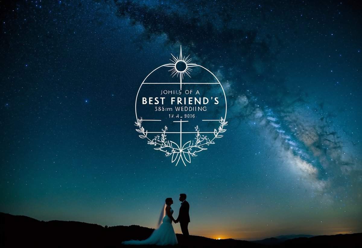 A night sky with personalized star map, highlighting the date and location of a best friend's wedding