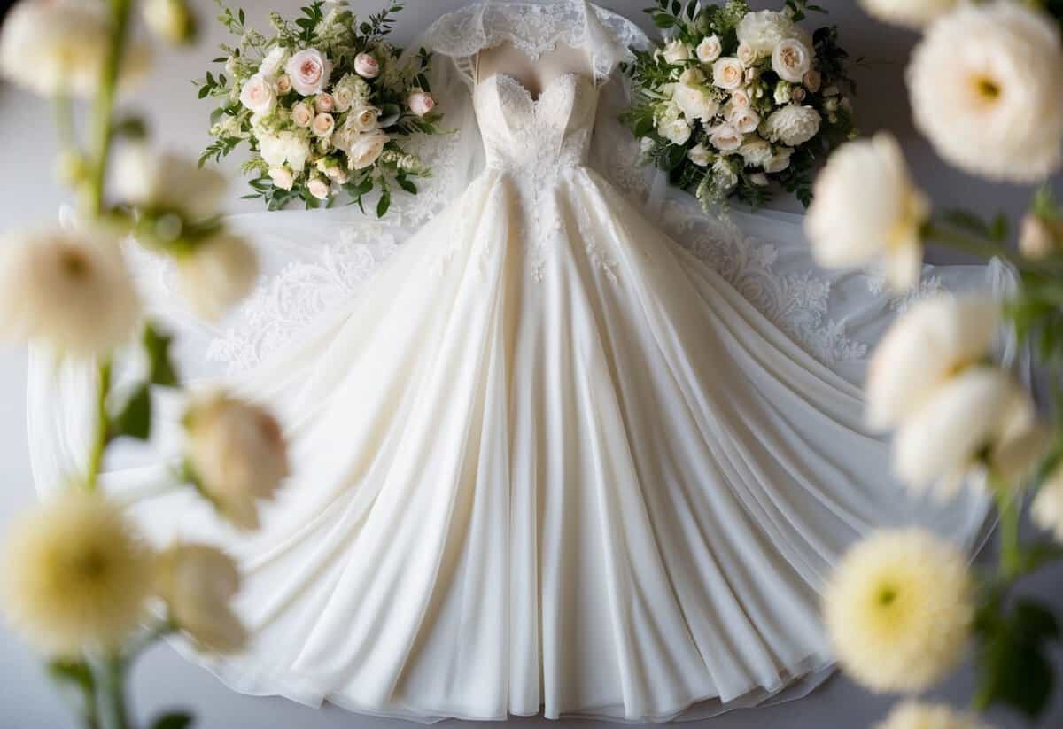 A flowing, elegant wedding gown with intricate lace details and a sweetheart neckline, surrounded by delicate floral arrangements and soft lighting