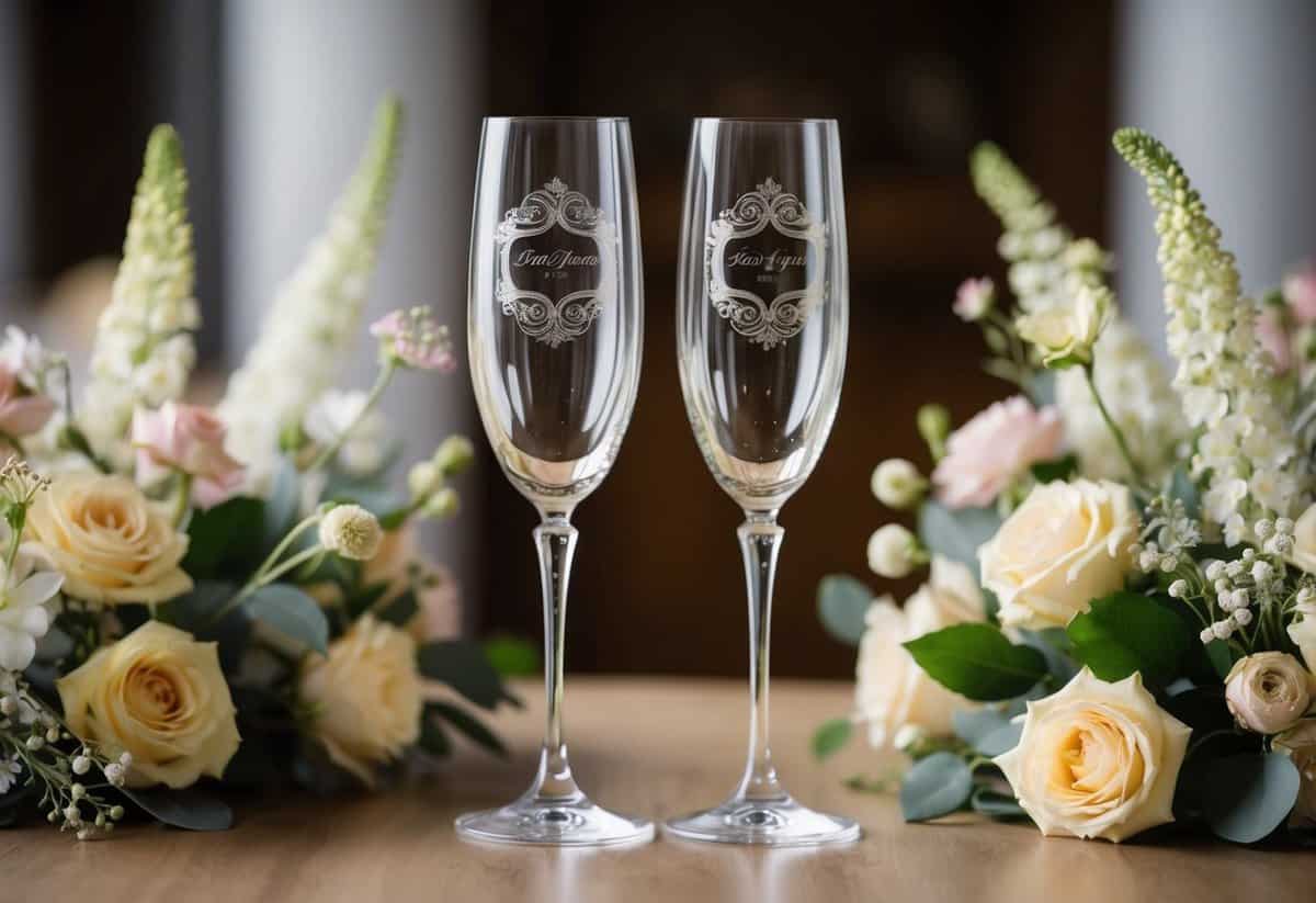 Two champagne flutes with engraved designs, surrounded by delicate floral arrangements and wedding decor