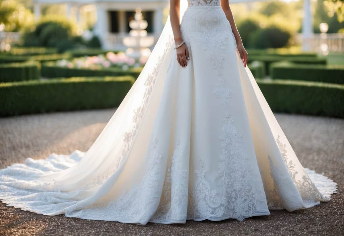 A stunning wedding gown with intricate lace detail and a flowing train, set against a romantic backdrop of a garden or elegant ballroom