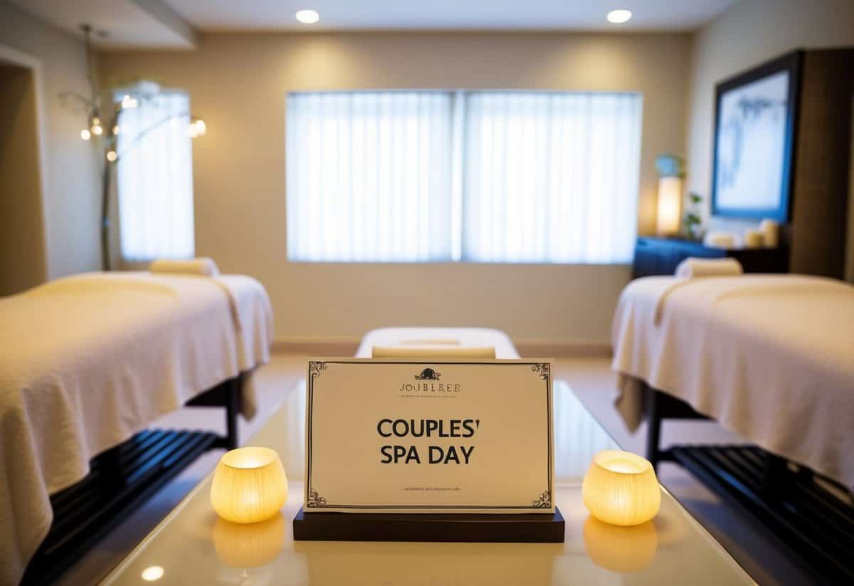 A serene spa room with two massage tables, soft lighting, and relaxing music. A voucher with "Couples' Spa Day" is displayed on a table