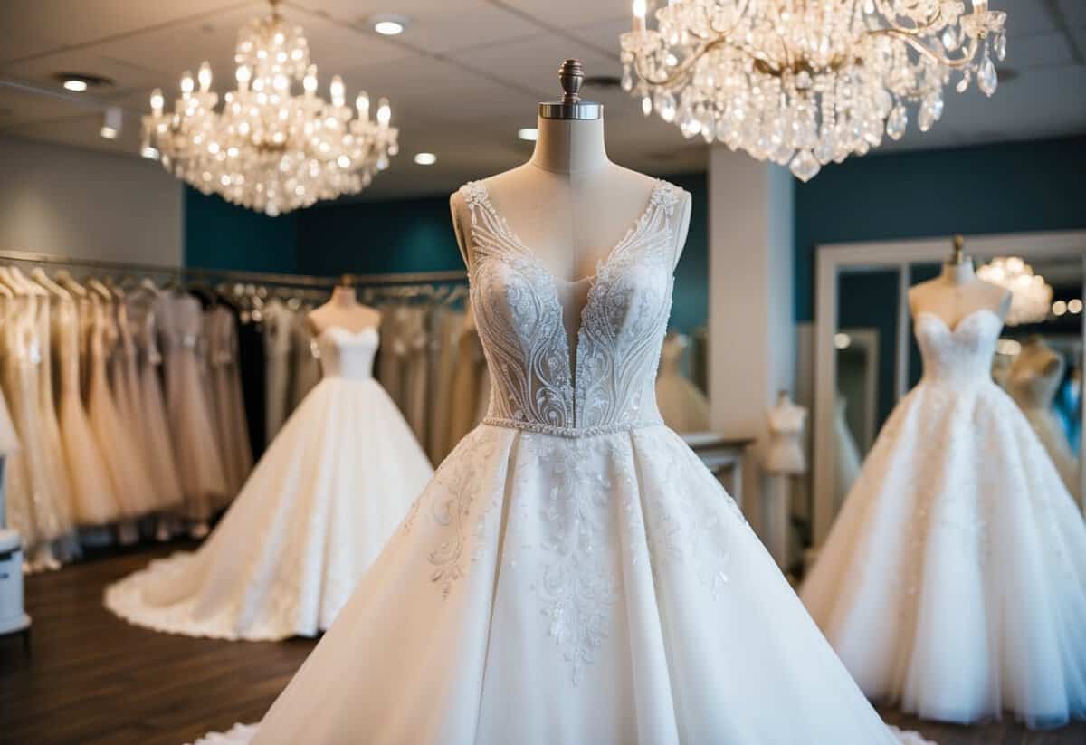 A stunning wedding gown displayed on a mannequin in a luxurious bridal boutique