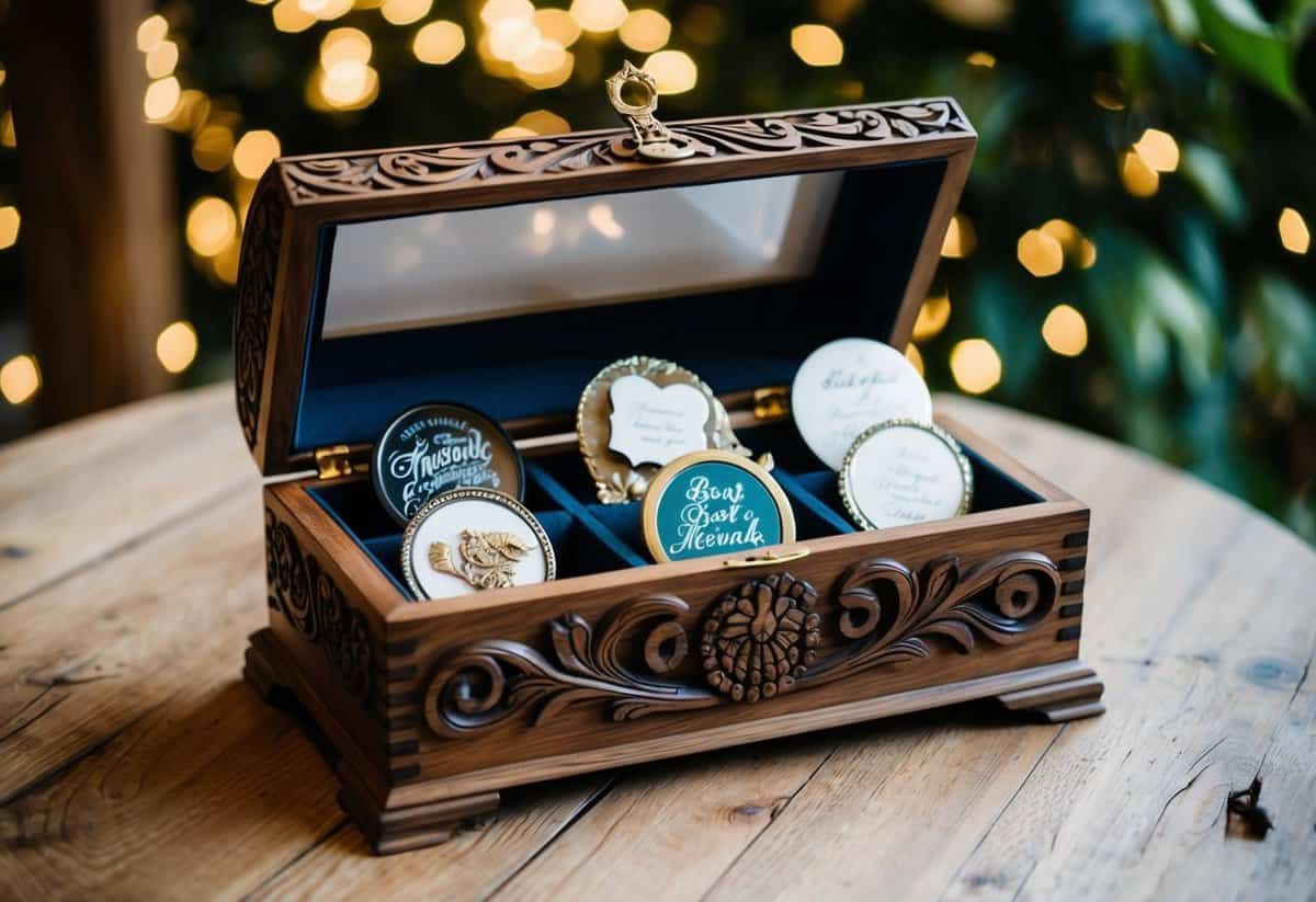 A wooden keepsake box adorned with intricate carvings, filled with mementos from a best friend's wedding