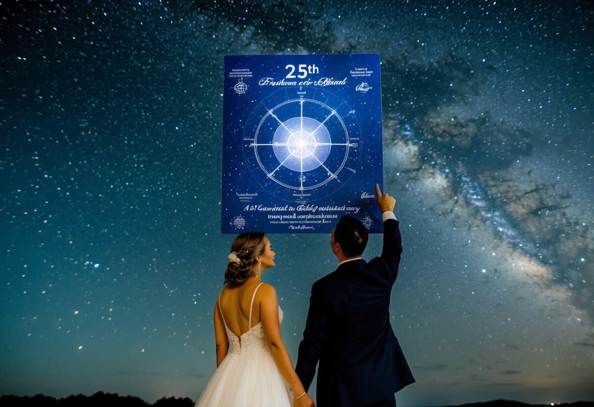 A couple stands under a starry night sky, pointing to a personalized star map, celebrating their 25th wedding anniversary