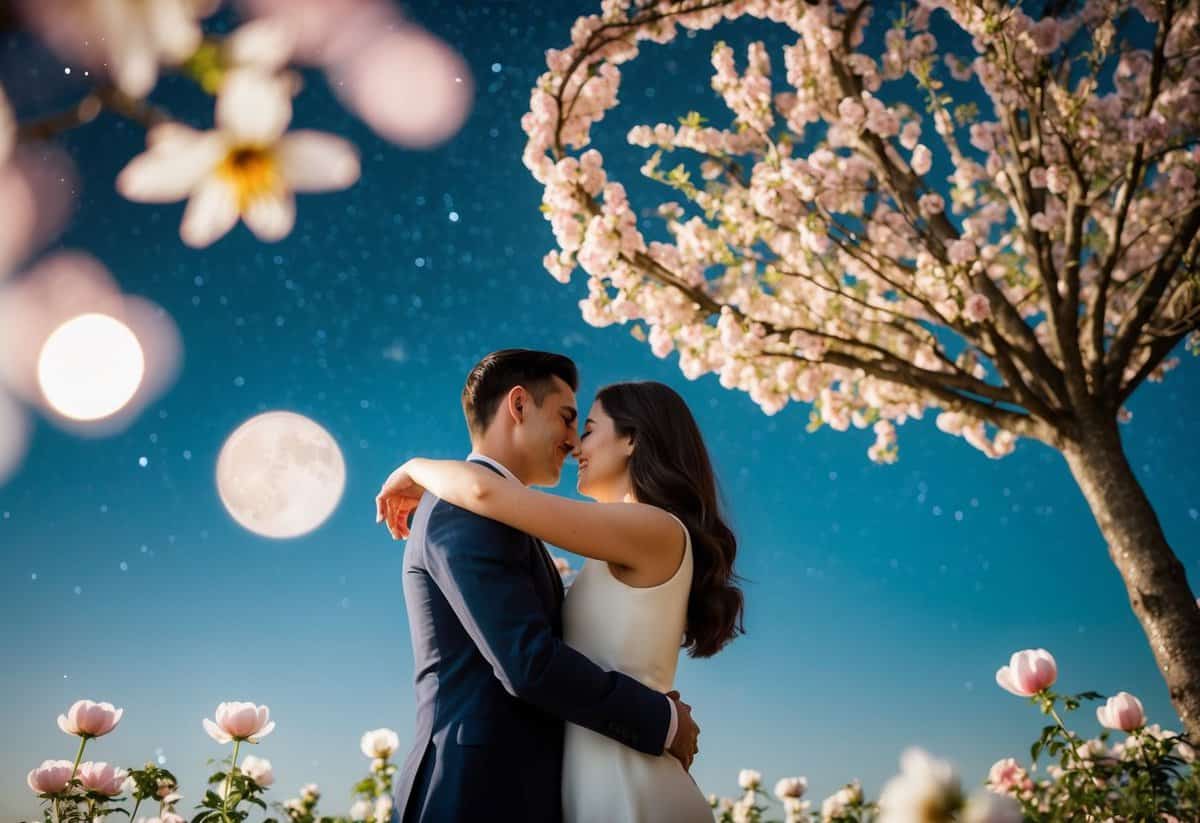 A couple embraces under a starry sky, surrounded by blooming flowers and a heart-shaped tree