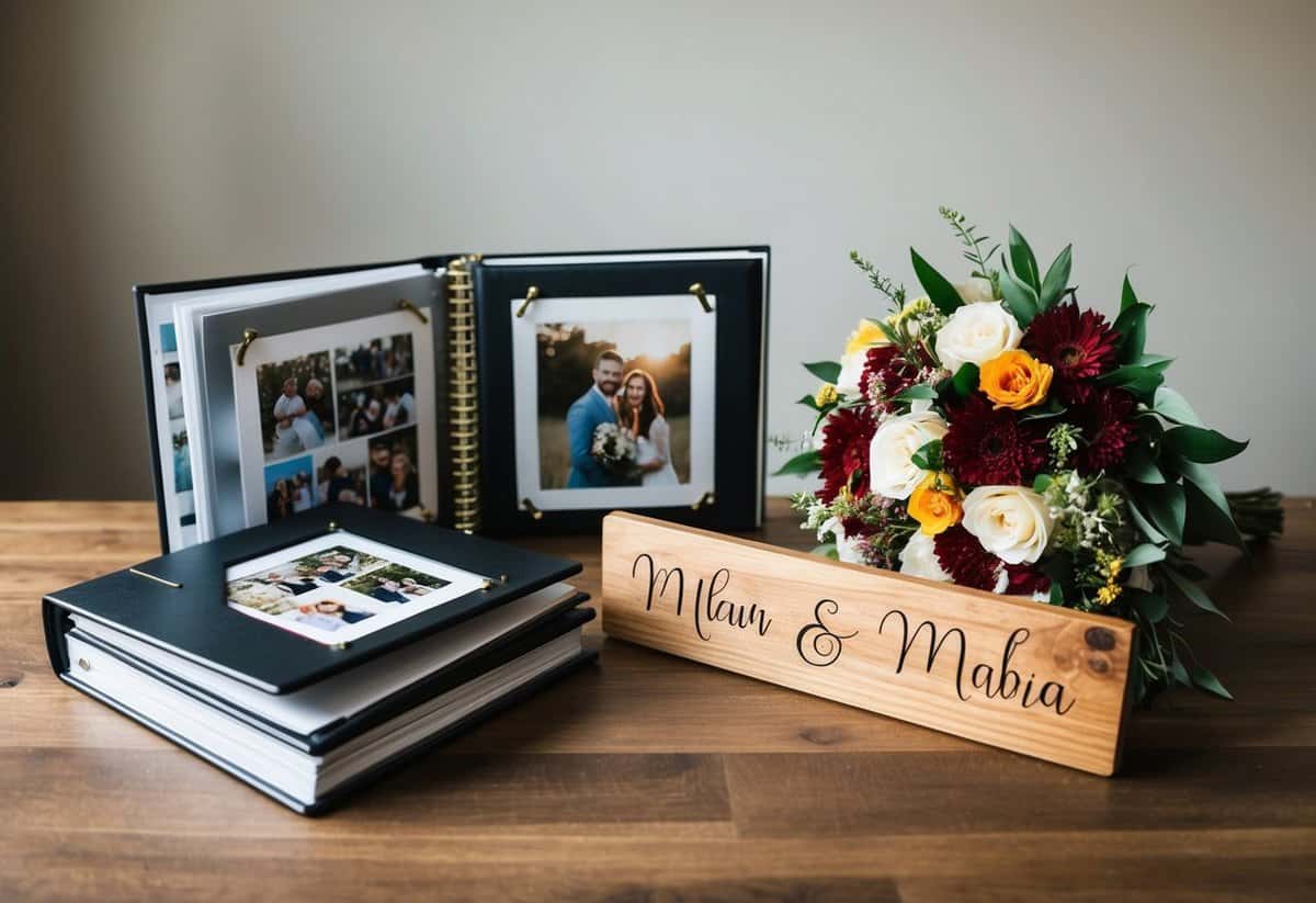 A custom-made photo album filled with memories, a handcrafted wooden sign with their names, and a bouquet of their favorite flowers