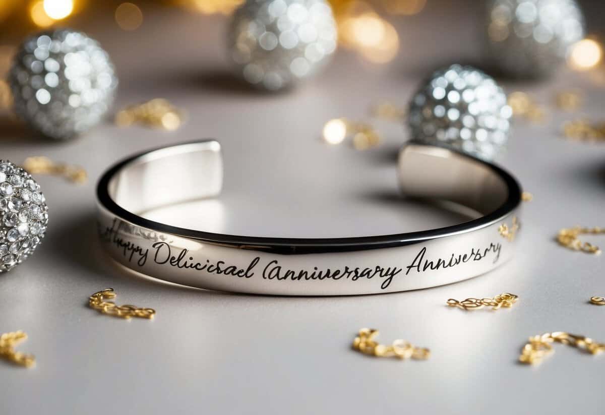 A delicate silver bracelet with engraved handwriting, surrounded by shimmering anniversary decorations