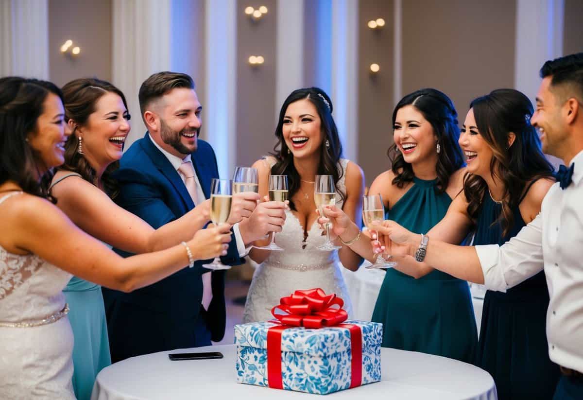 A group of friends laughing and toasting at a wedding reception, with a beautifully wrapped gift on the table