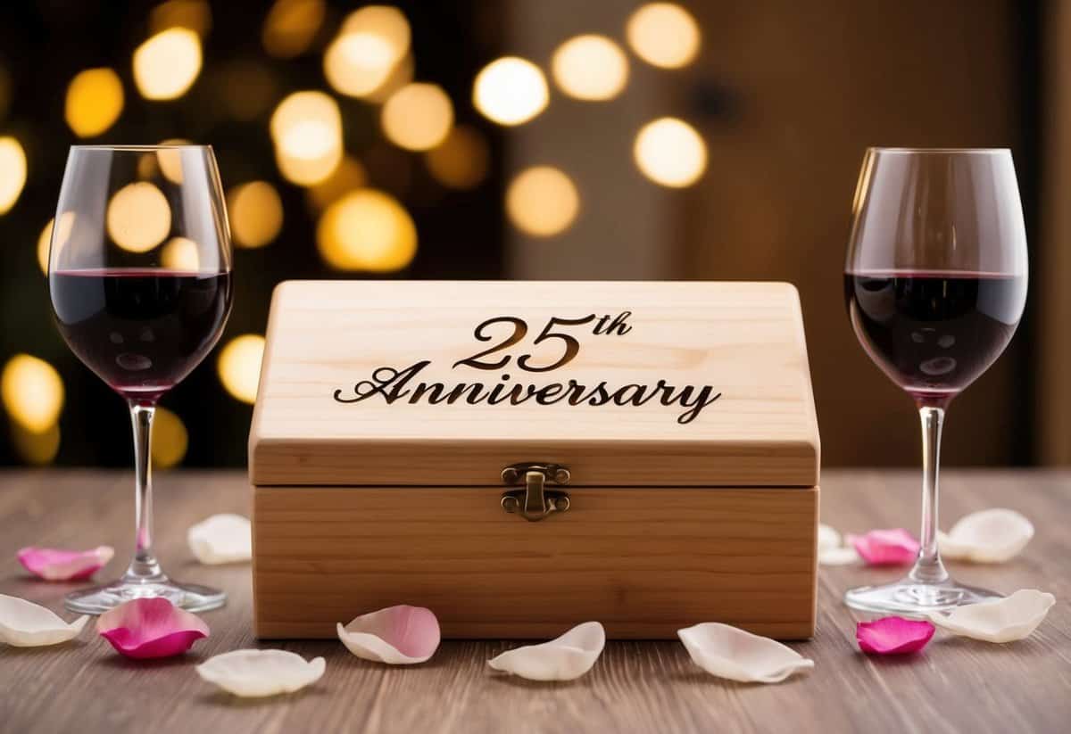 A wooden wine box with "25th Anniversary" engraved, surrounded by rose petals and two wine glasses