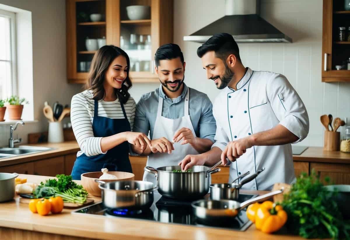 A cozy kitchen with a chef teaching a couple to cook, surrounded by pots, pans, and fresh ingredients