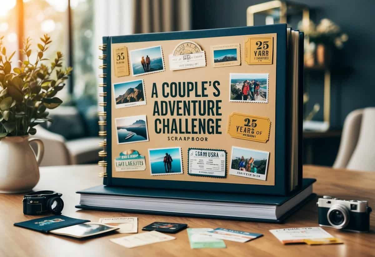 A couple's adventure challenge scrapbook displayed on a table with travel mementos, photos, and tickets from 25 years of marriage