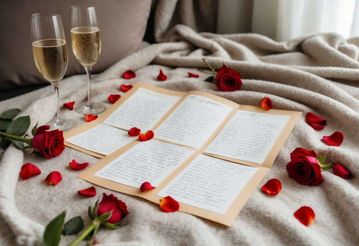 A cozy blanket covered in handwritten love letters, surrounded by a scattering of rose petals and a pair of champagne glasses