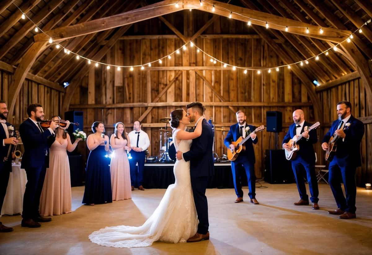 A rustic barn wedding with twinkle lights, a dance floor, and a live band playing "Forever and Ever, Amen" by Randy Travis