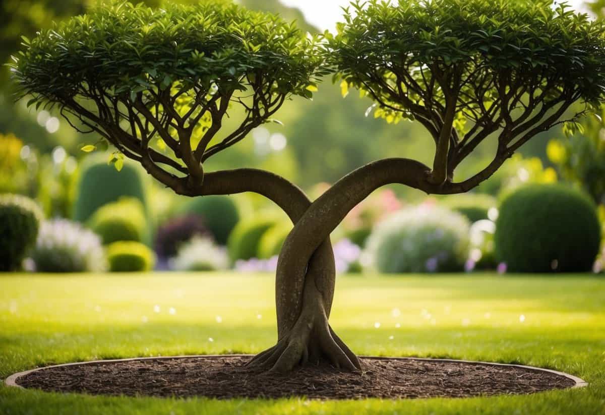 A serene garden with two intertwining trees, symbolizing the unity and growth of the newlyweds' relationship