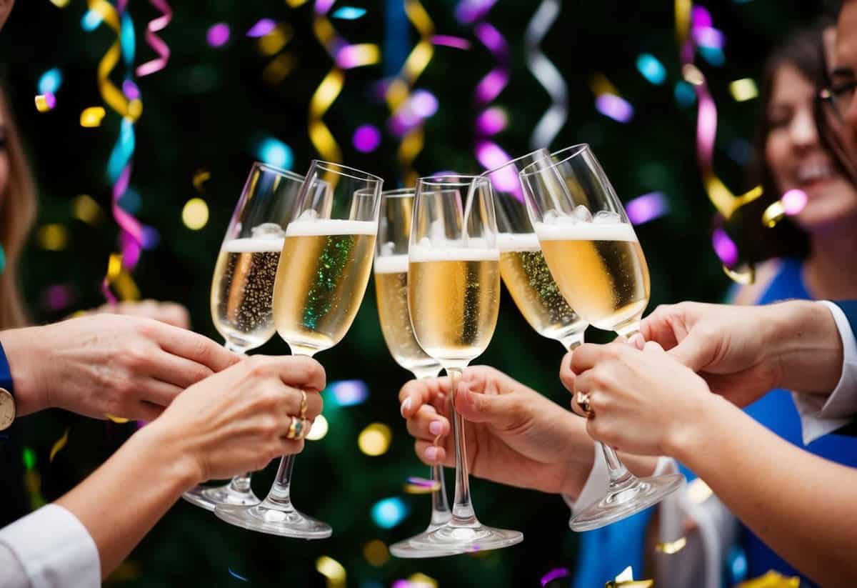 A group of champagne glasses clinking together in a joyful toast, surrounded by colorful confetti and streamers