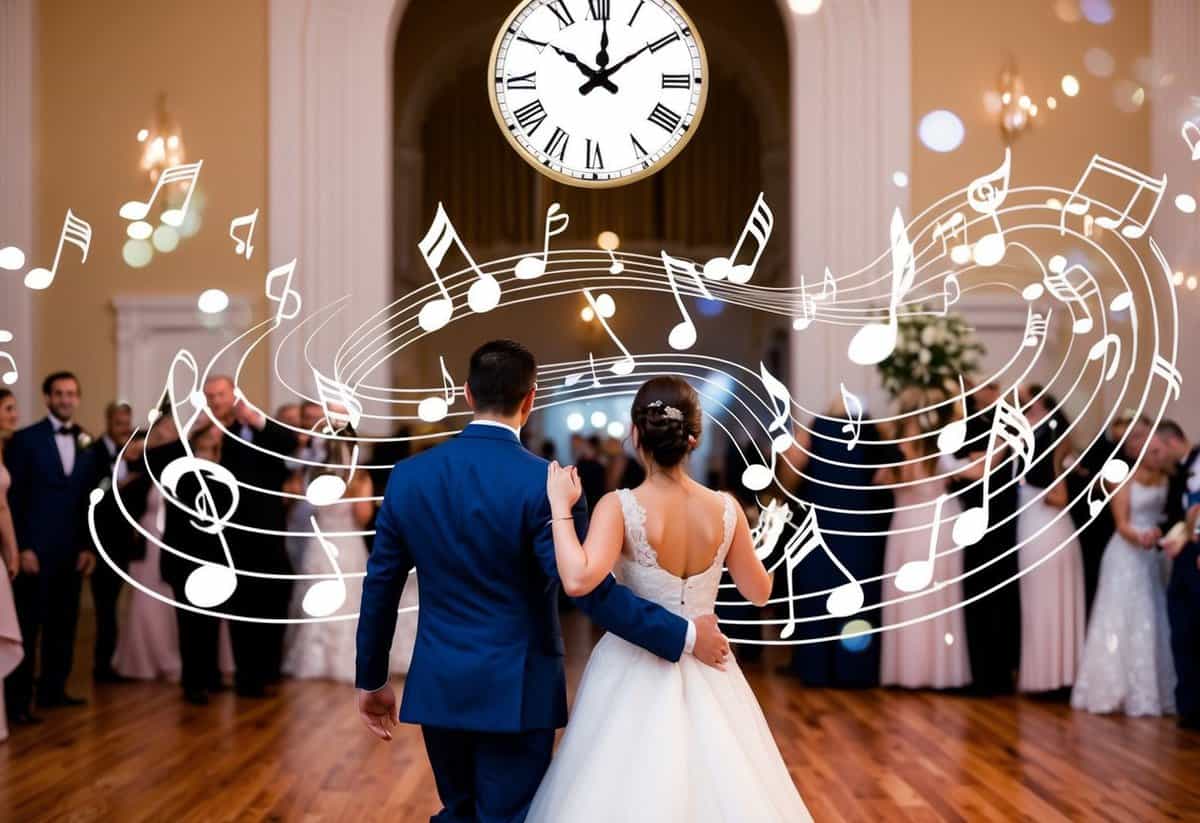 A group of musical notes swirling around a clock, as a couple dances towards a grand entrance at a wedding