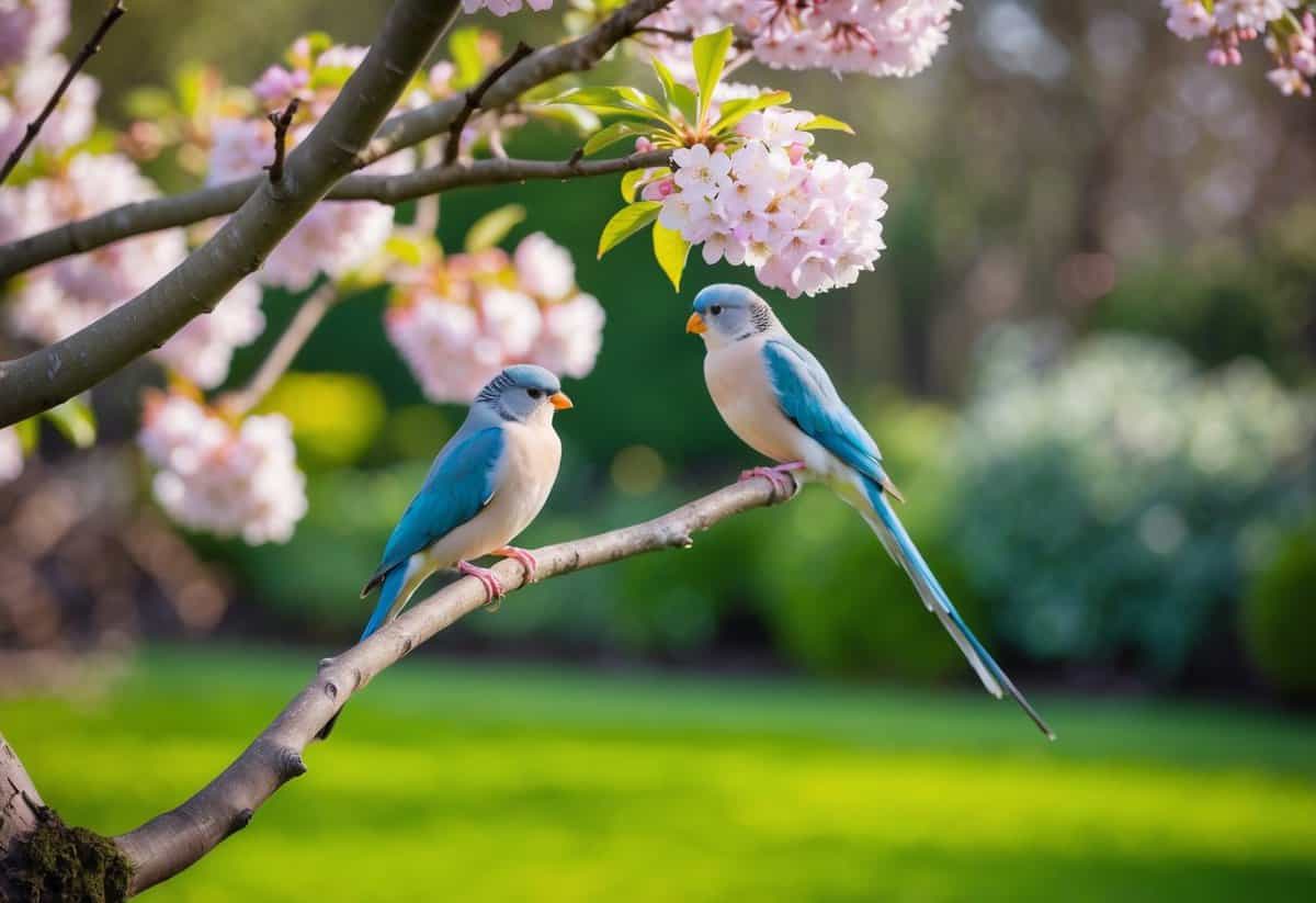 A serene garden with a blooming tree and a pair of lovebirds perched on a branch