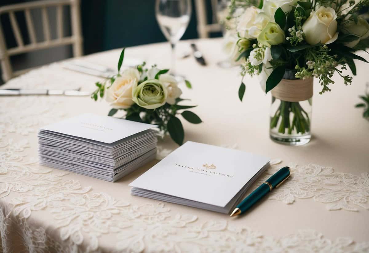 A table adorned with a lace tablecloth, elegant floral centerpieces, and a stack of wedding cards with a pen nearby