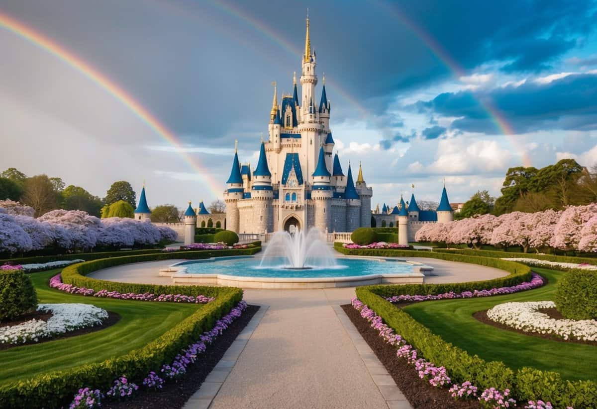 A grand castle surrounded by blooming gardens, with a sparkling fountain in the center, and a rainbow stretching across the sky