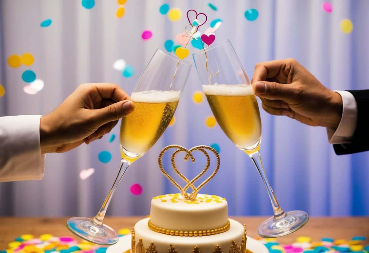 Two champagne glasses clinking together, surrounded by colorful confetti and a decorative wedding cake with a topper of two intertwined hearts