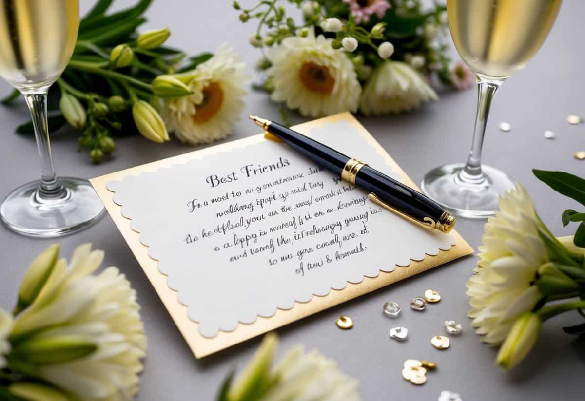 A wedding card surrounded by flowers and champagne, with a pen resting on top, ready to write a heartfelt message for the best friend's special day