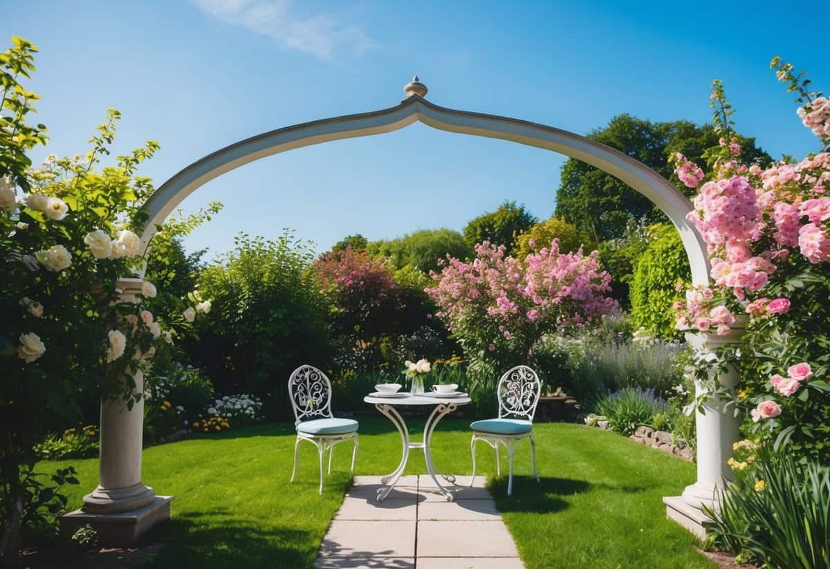 A serene garden with blooming flowers and a clear blue sky, with a small table set for two under a graceful archway