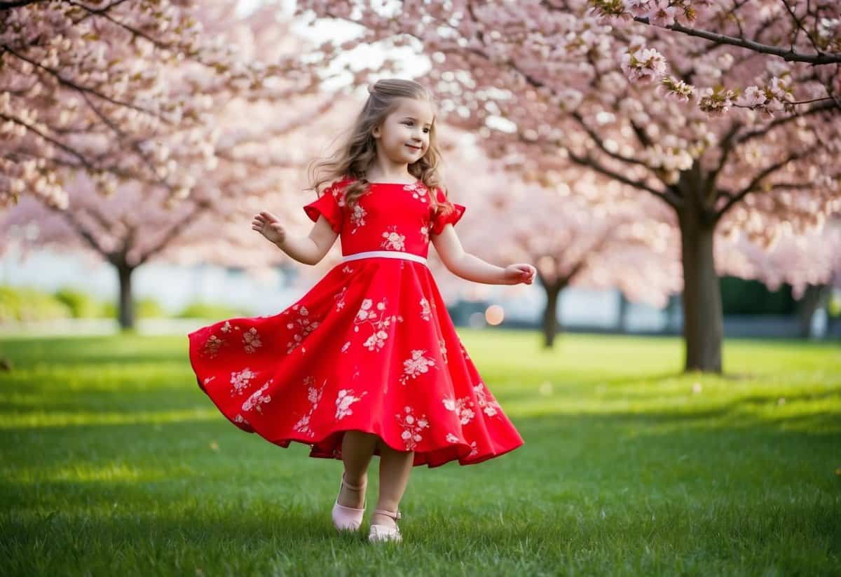 A young girl twirls in a garden of cherry blossoms, wearing a vibrant red dress with delicate floral patterns